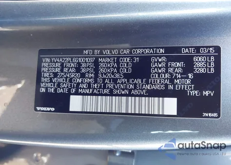 2016 Volvo Xc90 T6 Inscription z USA, uszkodzony, nr VIN YV4A22PL6G1001097